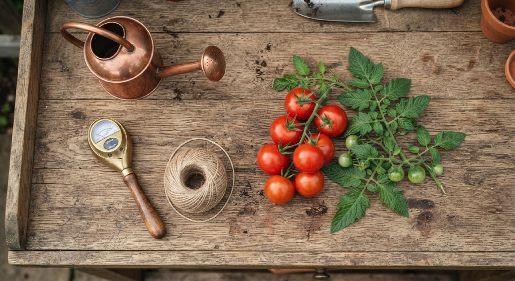 Flat lay of gardening tools, moisture meter, and fresh tomatoes on wood.