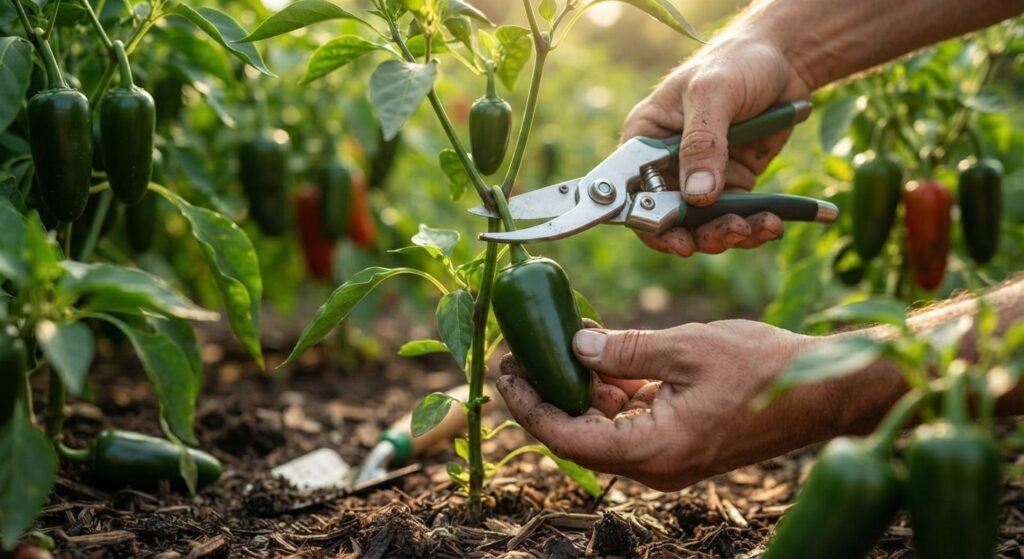 Using pruning shears to harvest a ripe green jalapeno pepper from the plant.