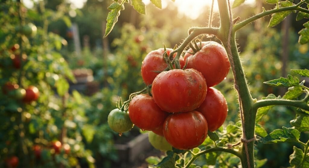Vibrant red tomatoes ripening on a green garden vine.