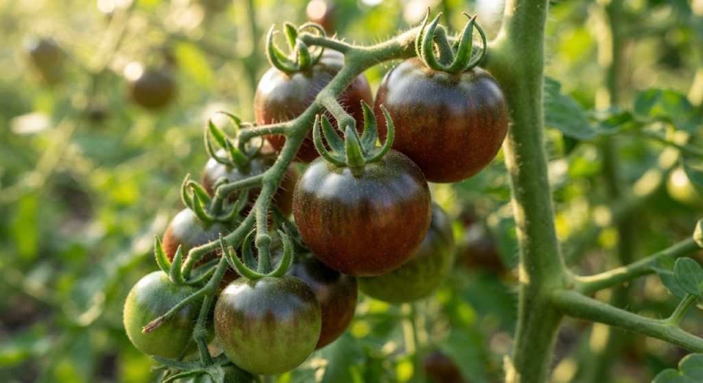 Developing Black Prince tomatoes showing dark shoulders on the vine.
