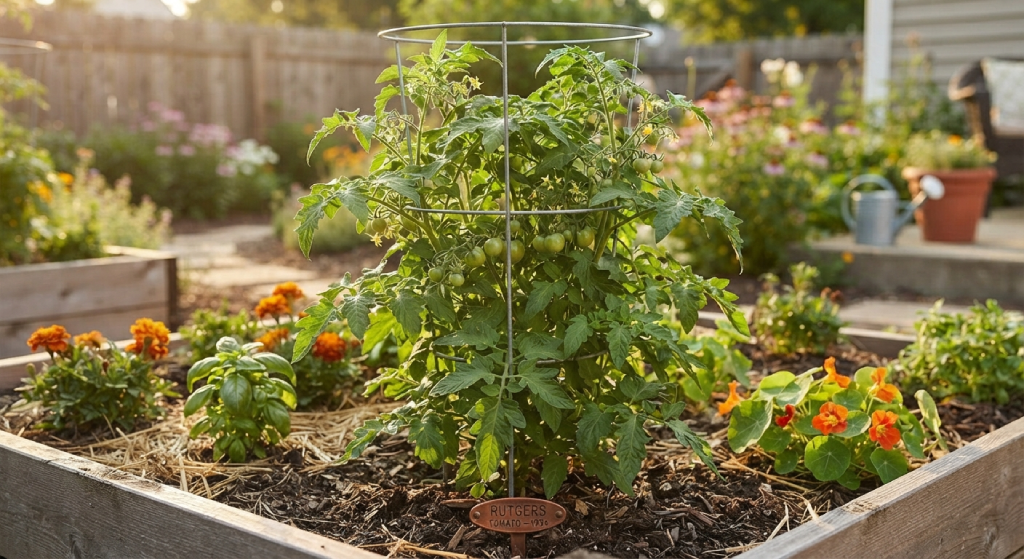 Compact Rutgers tomato plant supported by a garden cage.