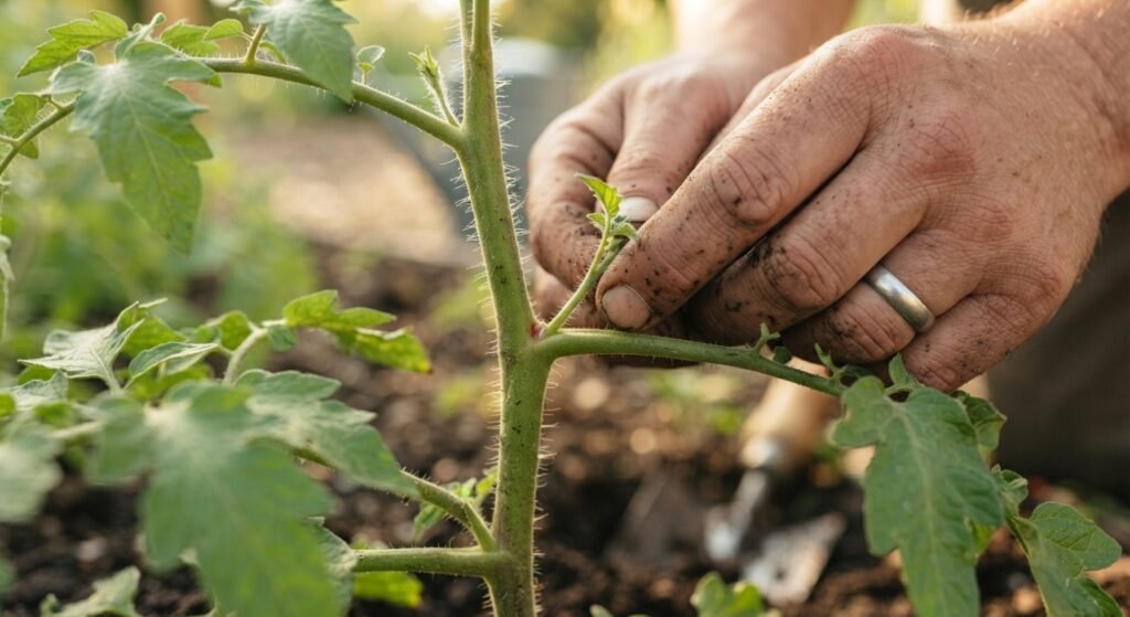 Pinching off a tomato plant sucker shoot to encourage better fruit growth.
