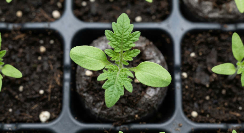 Young tomato seedling with cotyledons and early true leaves under grow lights.