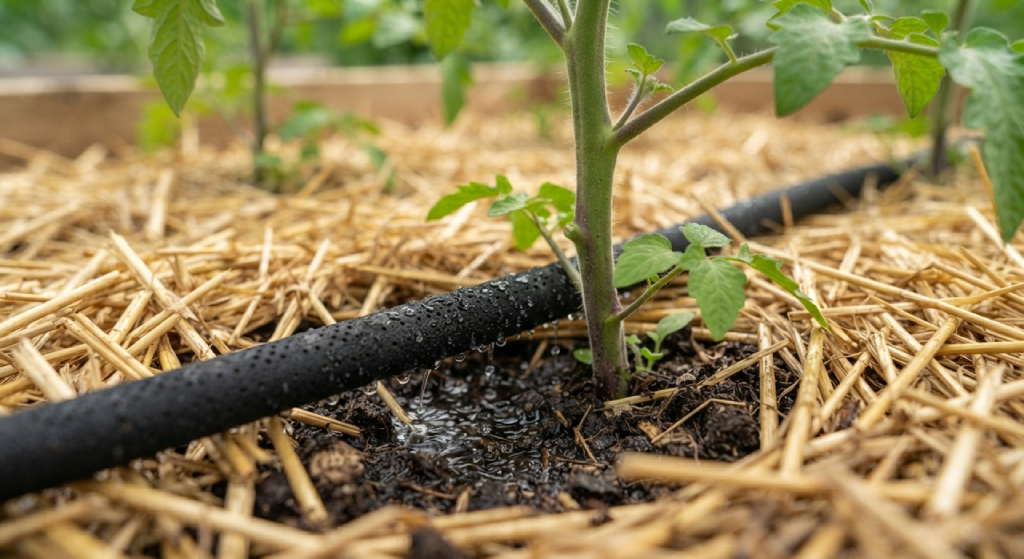Using a soaker hose to water the base of a grape tomato plant with mulch.