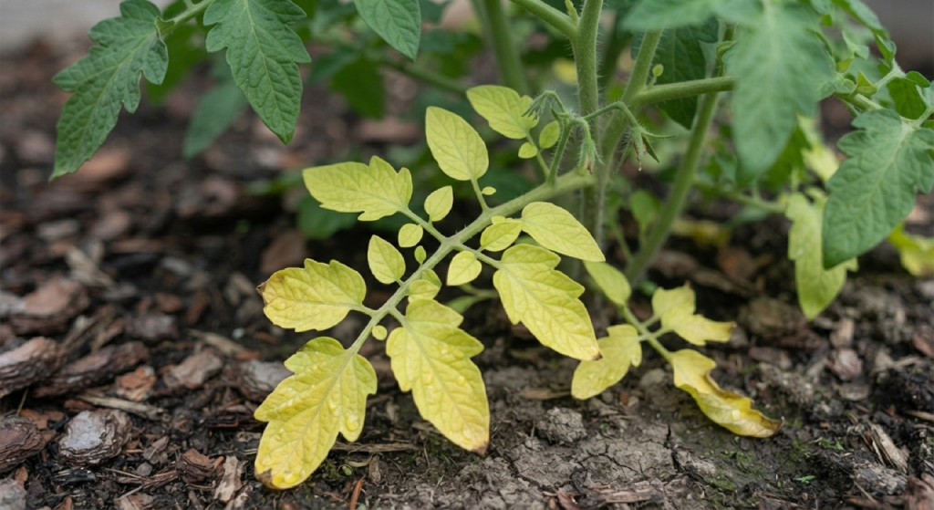 Pale, yellowing lower leaves on a tomato plant indicating a nutrient deficiency.