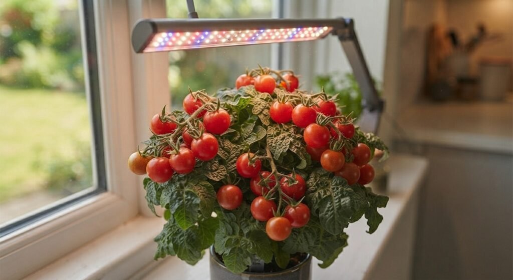 LED grow light illuminating an indoor potted tomato plant.