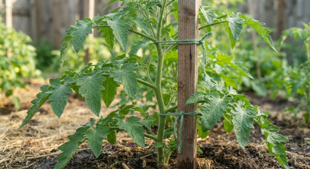 Lush green tomato plant in the vegetative growth stage tied to a stake.