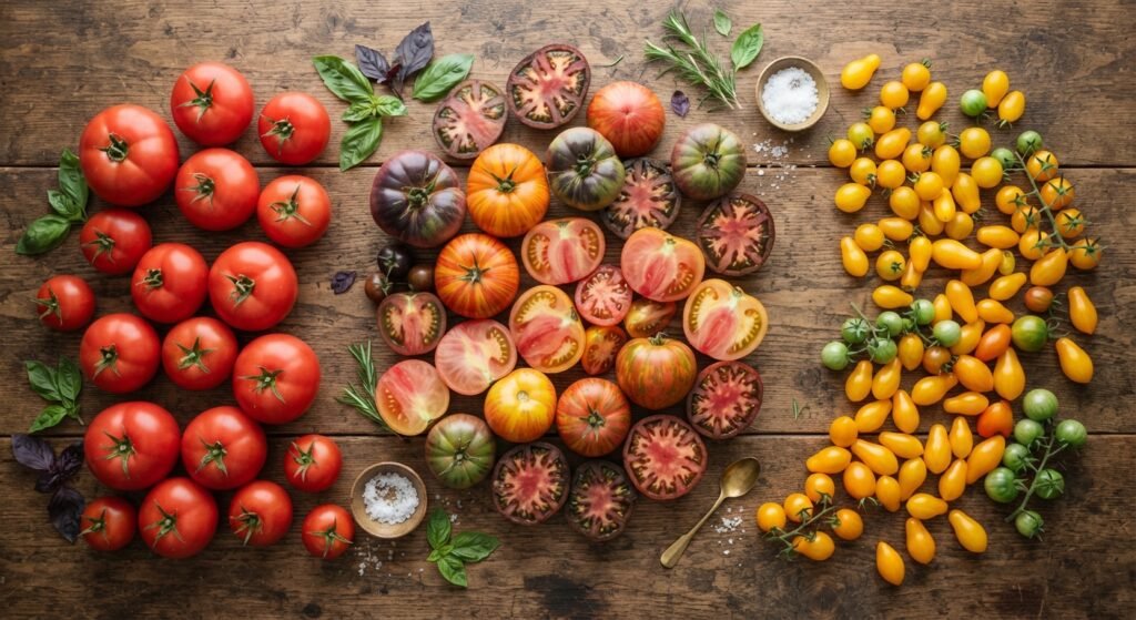 Assorted fresh heirloom, beefsteak, and cherry tomatoes on a wooden table.
