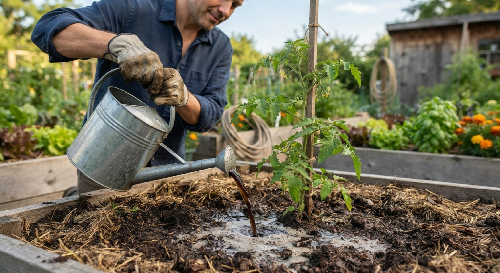 Applying liquid compost tea fertilizer to the base of a tomato plant.