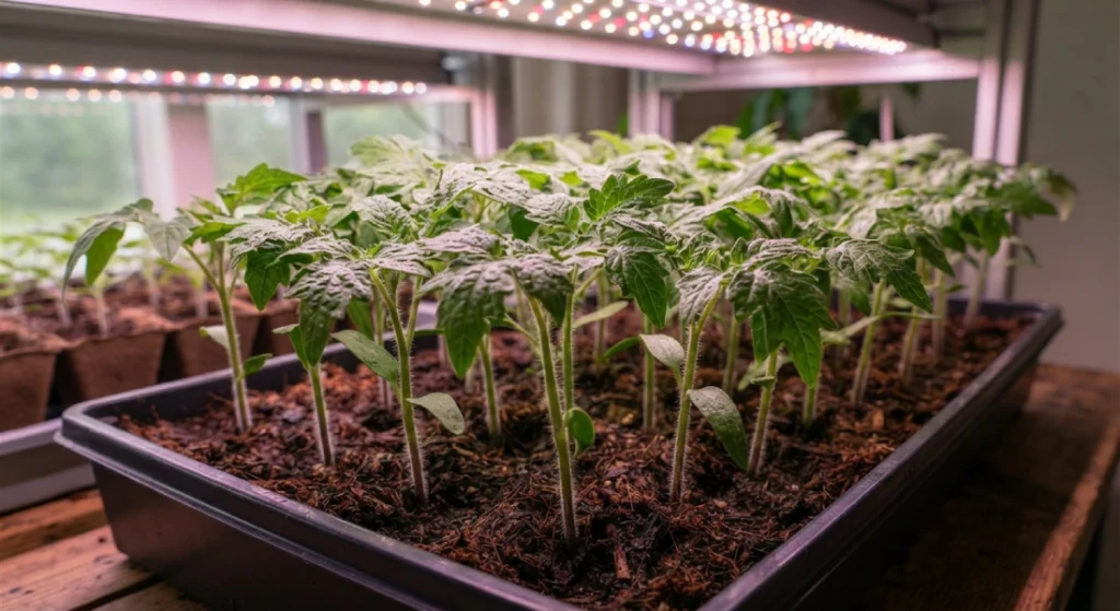 Healthy tomato seedlings growing under an LED grow light without nutrient burn.