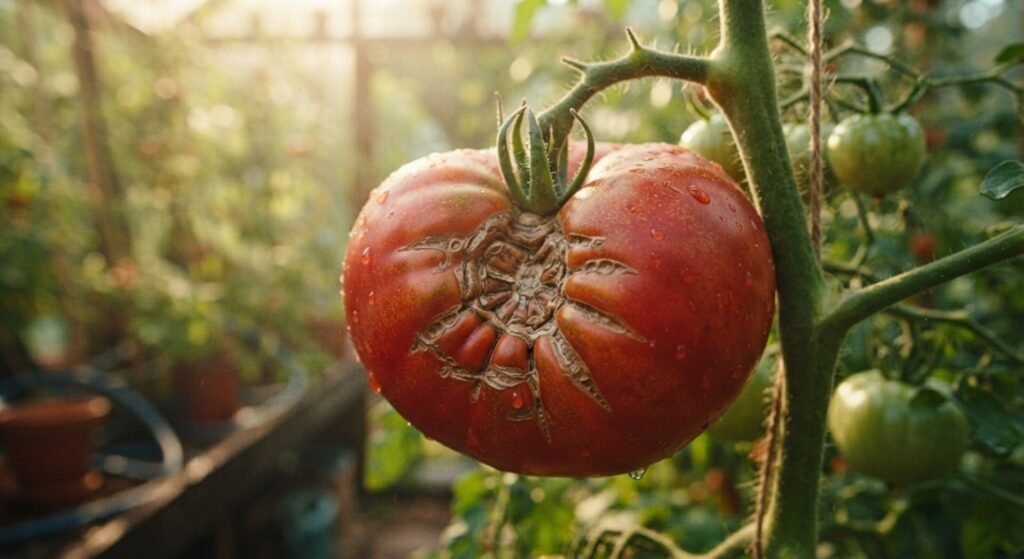 Close-up of a tomato showing catfacing scars on the blossom end.