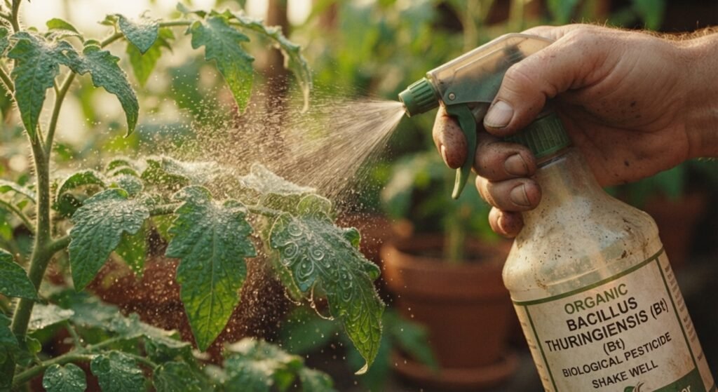 Spraying organic Bt solution on tomato plant leaves to control hornworms.