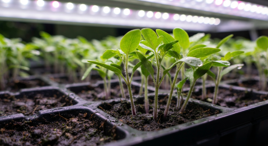 Young Black Prince tomato seedlings growing in a tray under lights.
