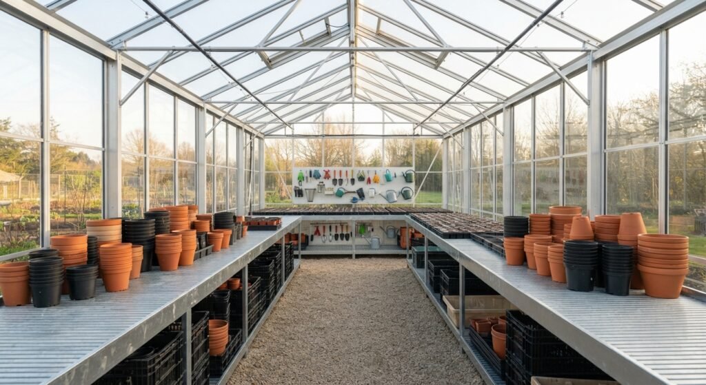 Clean and organized greenhouse interior prepared for planting.