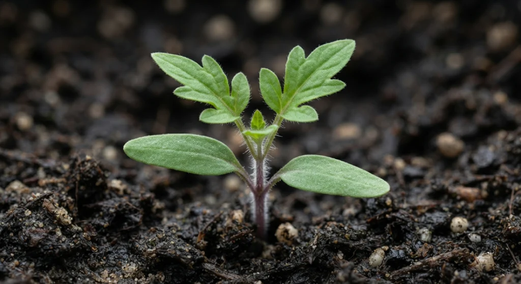 Close-up of a tomato seedling showing its first true leaves.