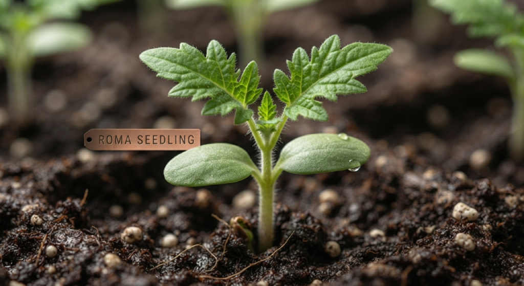Young Roma tomato seedling with true leaves in a tray.