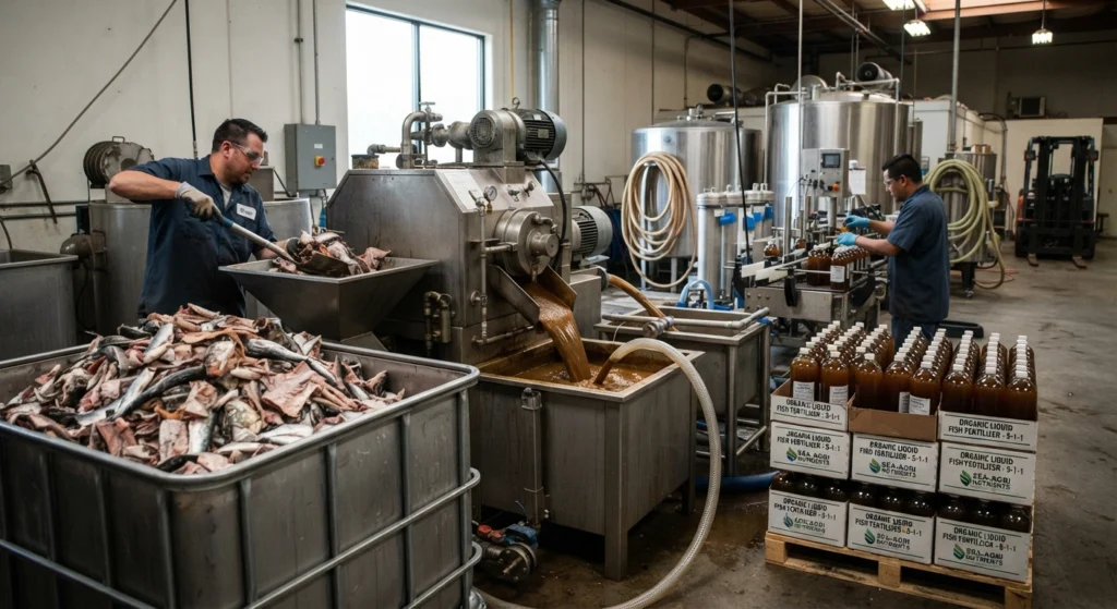 Infographic showing the step-by-step process of converting fish scraps into concentrated fish fertilizer emulsion.