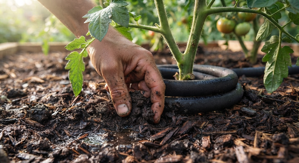 Checking soil moisture depth with a finger near a tomato plant base.
