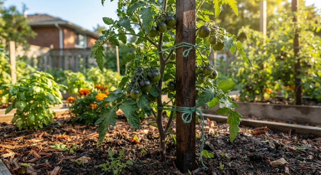Tall Black Prince tomato vine supported by a sturdy garden stake.