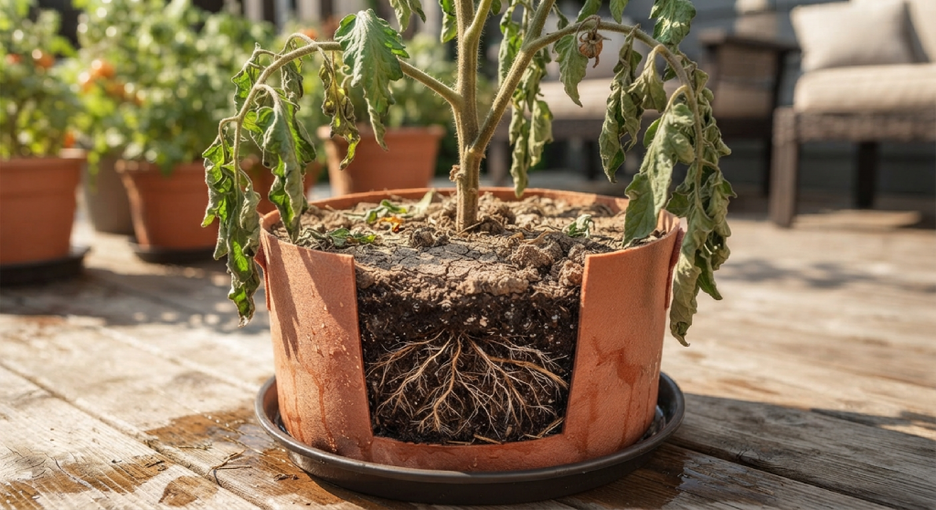 Thirsty tomato plant showing drooping leaves and dry soil.