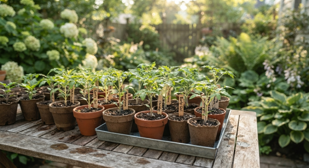 Tomato seedlings hardening off outdoors on a table.