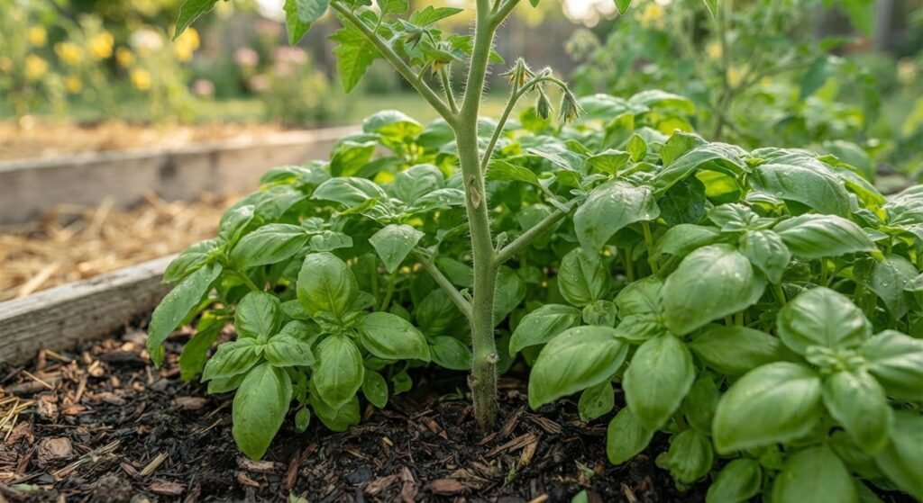 Tomato plants grown alongside companion basil herbs.