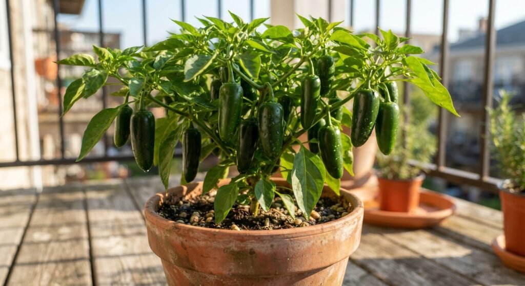 A compact jalapeño plant growing in a terracotta pot on a sunny balcony.