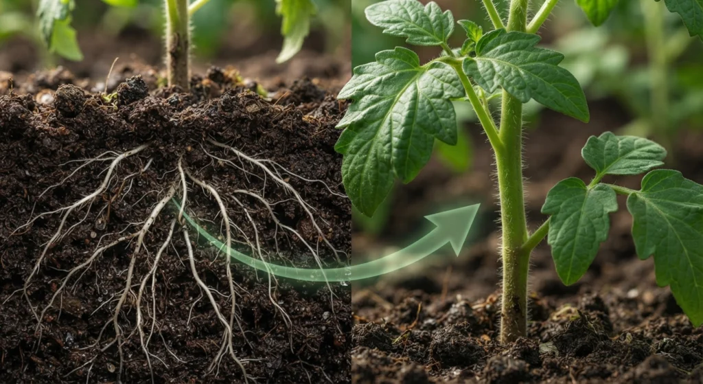 Close-up of a young tomato plant's root system and lower foliage, showing healthy growth supported by fish fertilizer.
