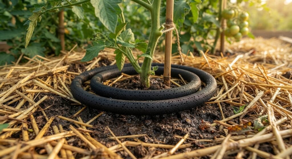 Soaker hose watering tomato plants over straw mulch in a garden bed.
