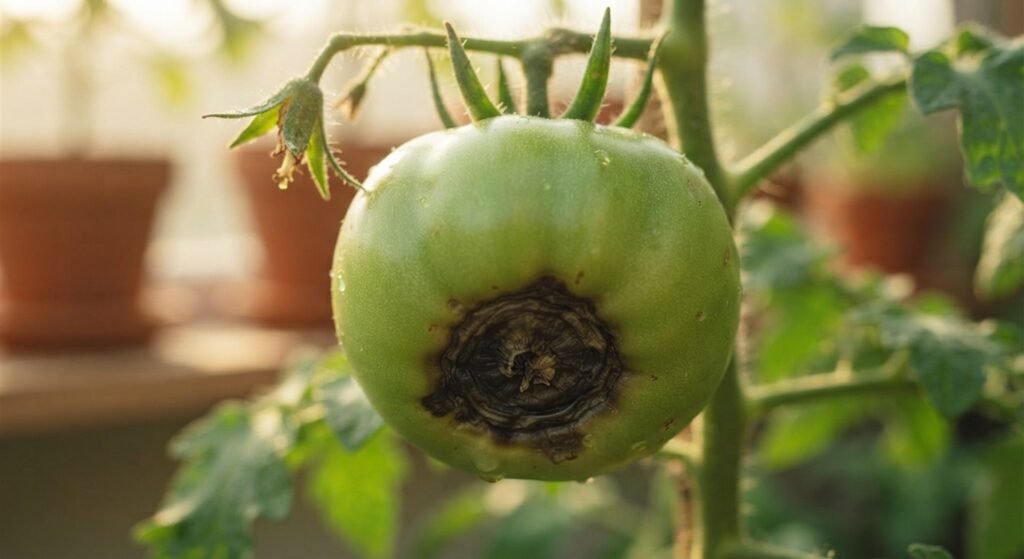 Close-up of a green tomato showing a dark, leathery blossom end rot patch.