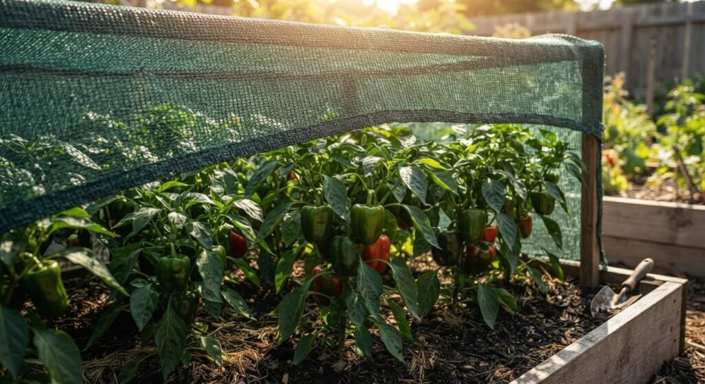Pepper plants growing under a protective shade cloth in a garden bed.