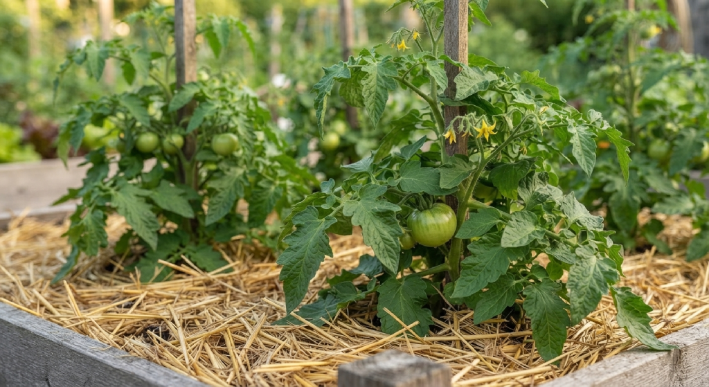 Healthy tomato plants mulched with straw showing no signs of fertilizer burn.