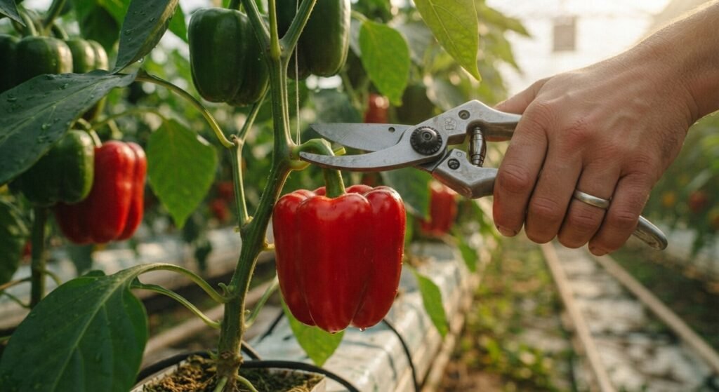 Harvesting a ripe red bell pepper from a greenhouse plant with pruning shears.