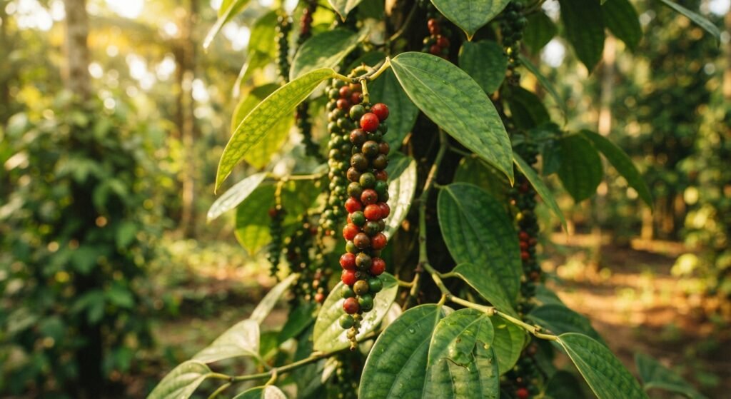 Clusters of fresh, glossy green and red peppercorns hanging on a lush vine in dappled sunlight.