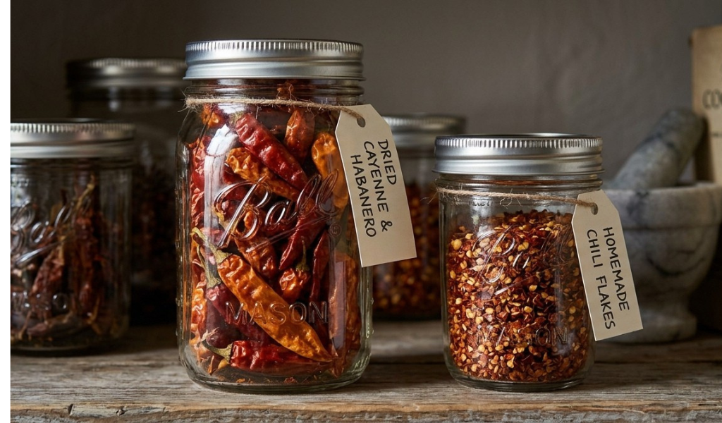 Clear glass Mason jars filled with homemade whole dried peppers and vibrant chili flakes, sealed tightly for long-term storage in a dark pantry.