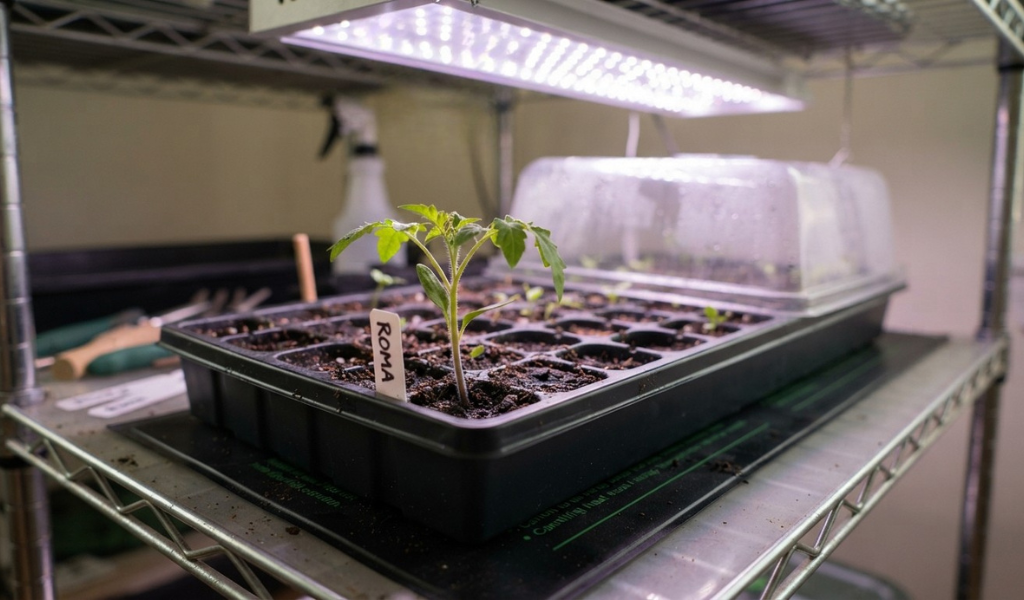 A close-up of a healthy Roma tomato seedling with true leaves, growing in a cell tray under an LED grow light with a heat mat and humidity dome visible.