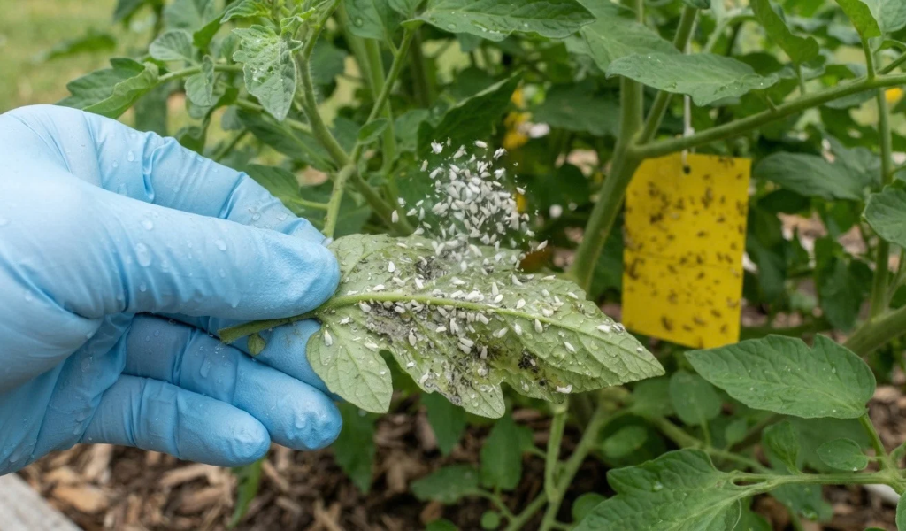 Close-up of a hand inspecting a tomato leaf infested with whiteflies and sooty mold, with adults taking flight.