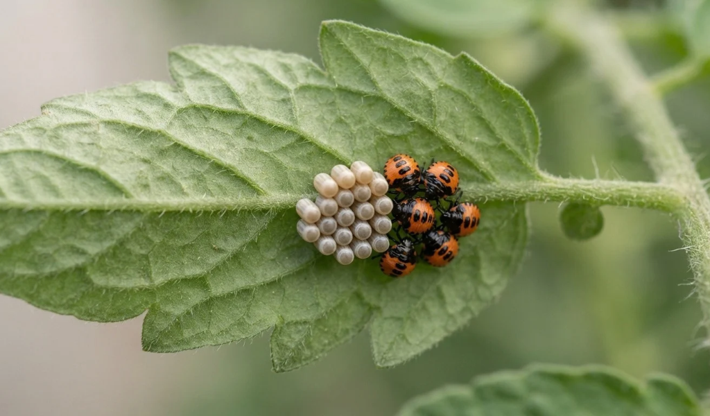 Macro shot of a cluster of barrel-shaped stink bug eggs and colorful nymphs on the underside of a tomato leaf.