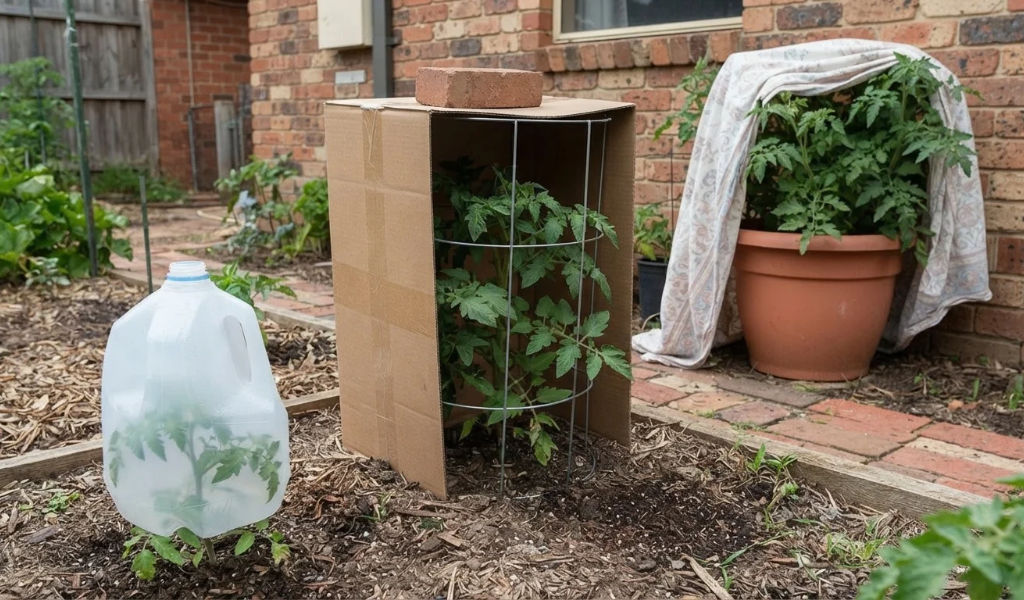 A backyard garden demonstrating various DIY frost protection methods: a plastic milk jug cloche, a large cardboard box over a caged plant, and a potted tomato wrapped in a sheet against a brick wall.