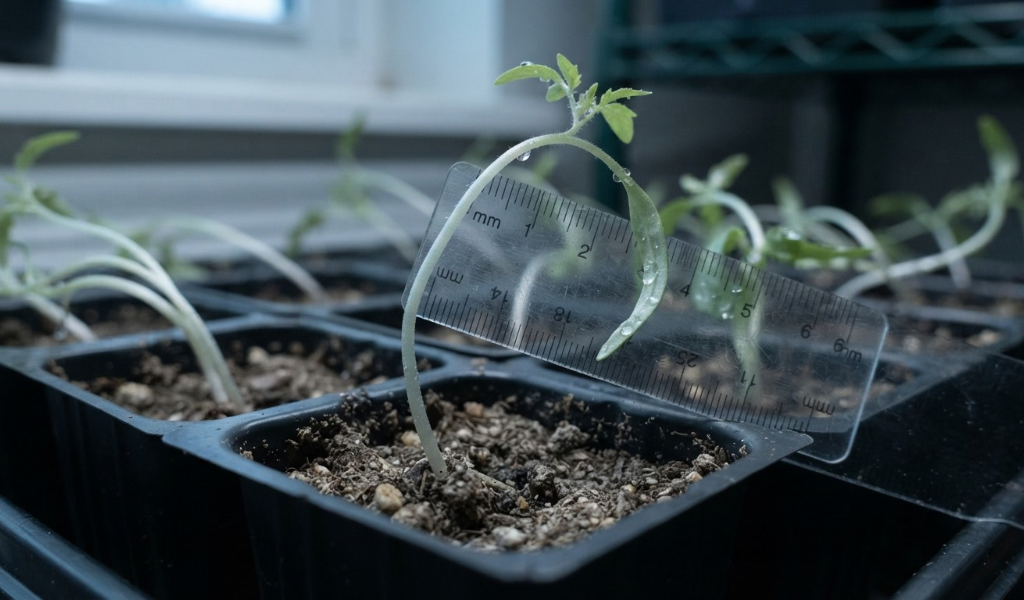 Close-up of a severely leggy tomato seedling showing its thin, pale, and arched stem failing to support itself, contrasted against other stretched seedlings in the background.