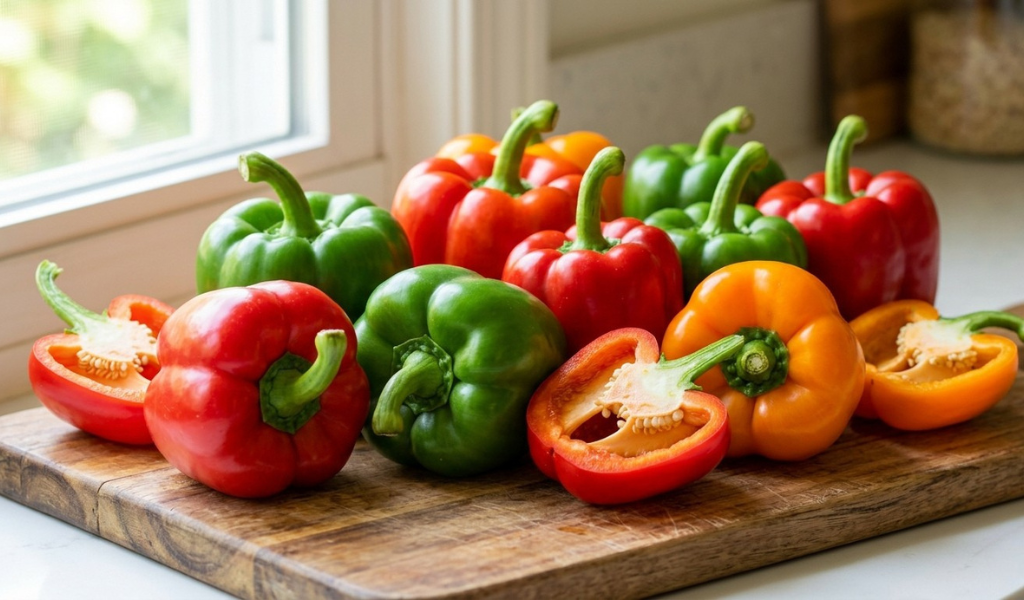 A vibrant close-up of glossy red, green, and orange bell peppers resting on a rustic wooden cutting board near a sunlit window, showcasing peak freshness and ripeness.