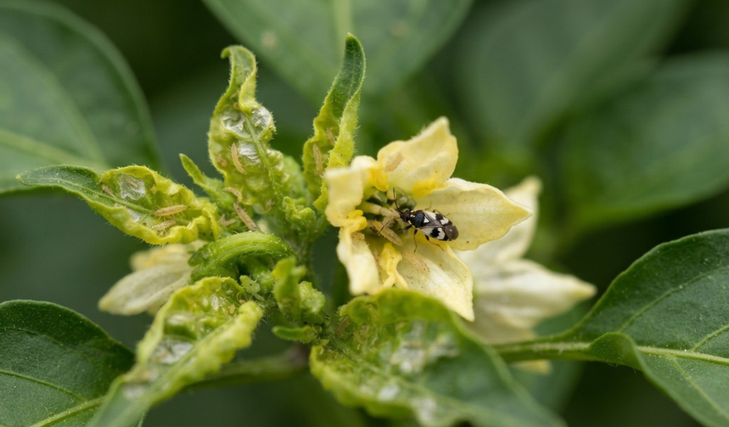 Close-up macro view of Western Flower Thrips adults and larvae feeding inside a pepper blossom.