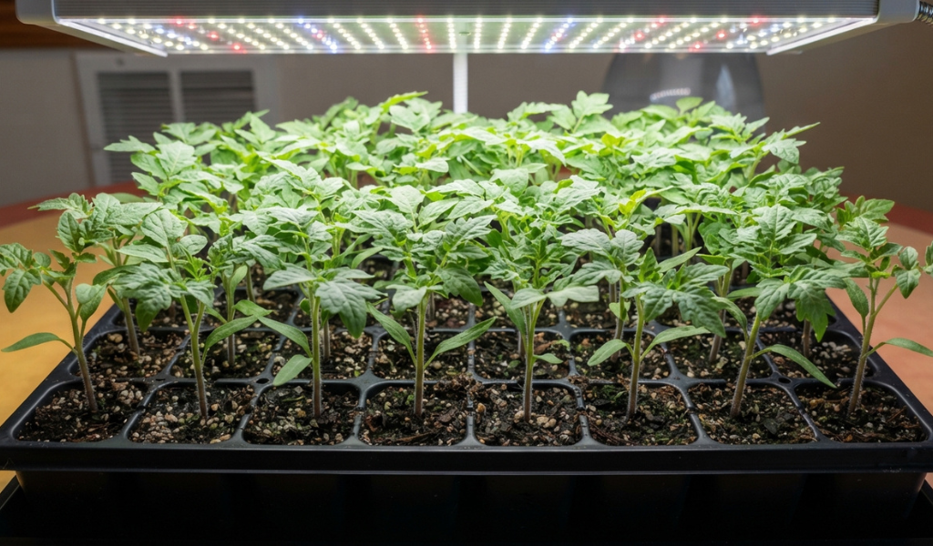 Dozens of healthy, compact green tomato seedlings with true leaves, thriving under bright LED grow lights indoors.