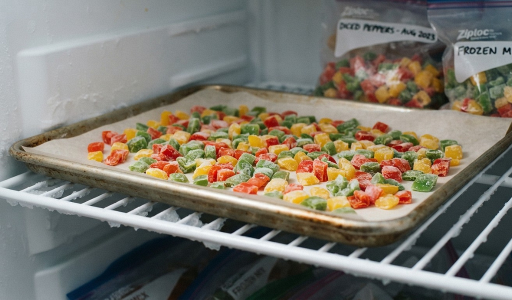 A close-up photograph of individually frozen, diced red, green, and yellow bell peppers flash-frozen on a baking sheet in a freezer, with labeled bags in the background.