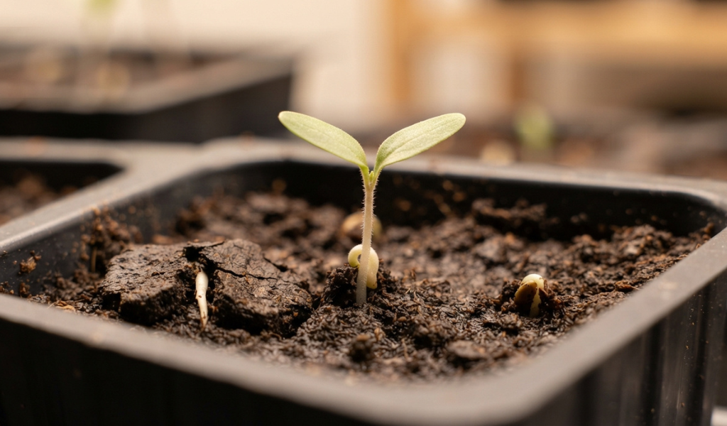 A close-up of tiny cherry tomato seedlings emerging from moist potting soil, displaying their first rounded cotyledon leaves.