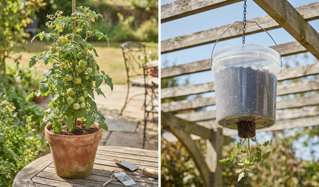 An illustrative comparison showing a traditional upward-growing tomato plant versus one growing downward from a hanging bucket planter.