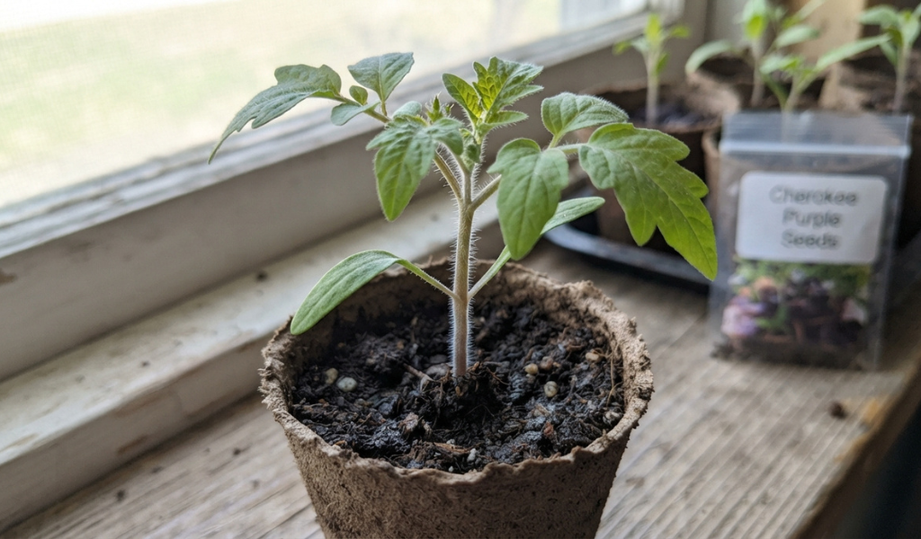 A thriving, staked Cherokee Purple tomato plant in a sunny, well-mulched garden bed.