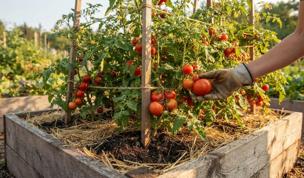 A sun-drenched cedar raised bed overflowing with staked, healthy tomato plants, showing ripe fruit, flowers, and mulch, with a hand reaching to pick a tomato.
