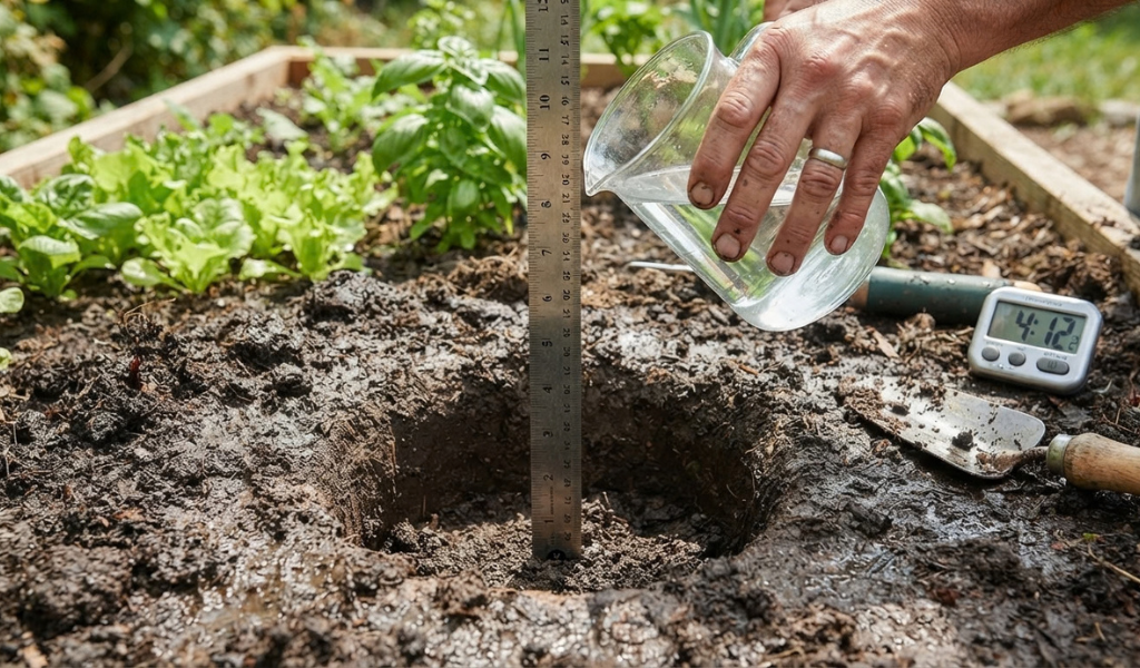 A gardener measuring the water level with a ruler inside a 12-inch deep percolation test hole in damp garden soil.