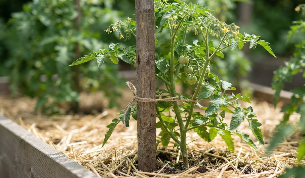 Close-up of a young determinate tomato plant tied with twine to a single wooden stake in a straw-mulched raised bed.